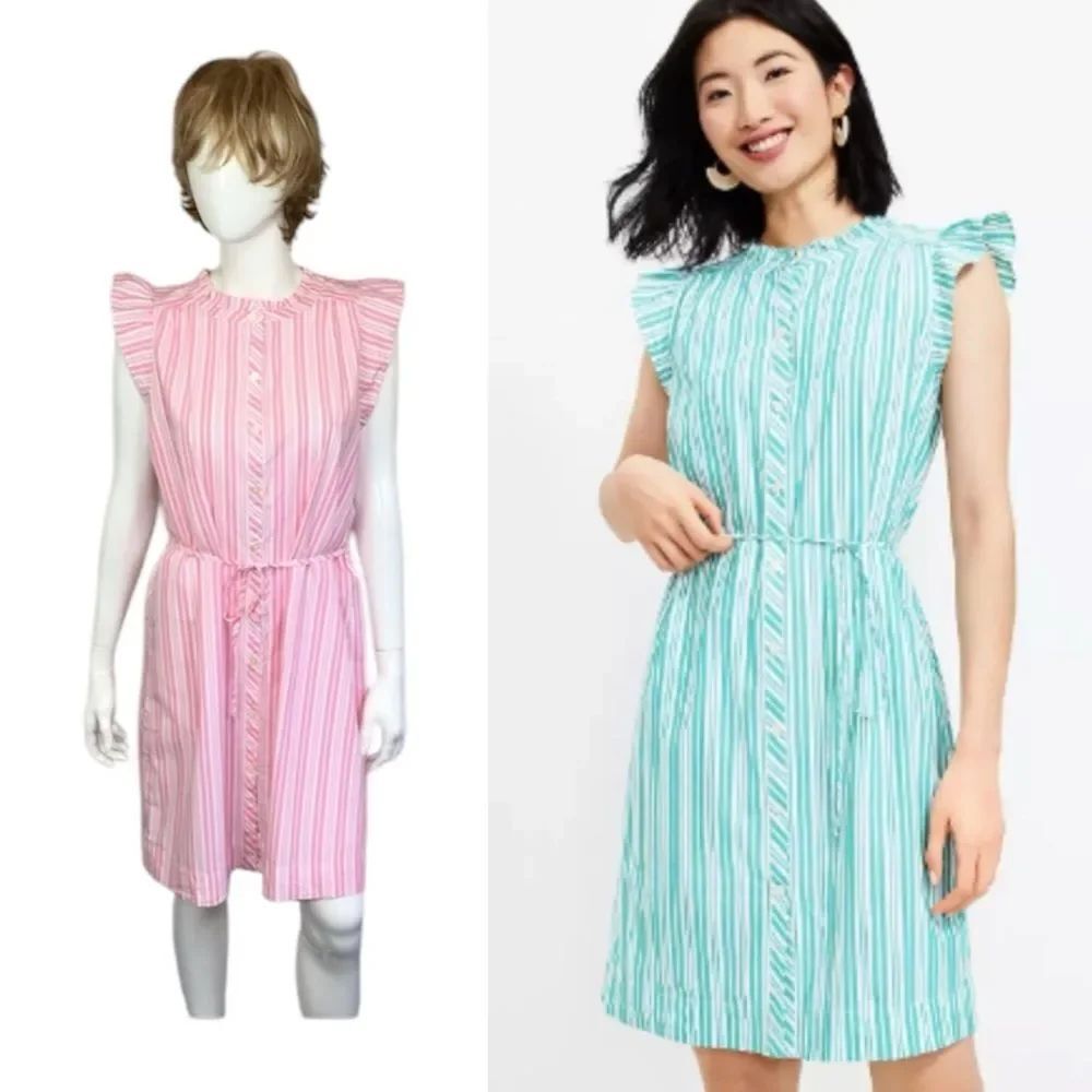 NEW Loft Pink White Striped Cap Sleeves Ruffle Belted Tie Waist Shirt Dress M